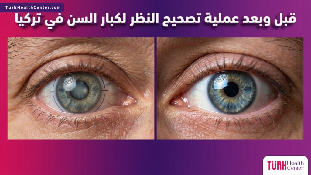 صورة مقارنة قبل وبعد تظهر نتائج عملية تصحيح النظر لكبار السن في تركيا من خلال التخلص من إعتام عدسة العين واستعادة الرؤية الصافية.