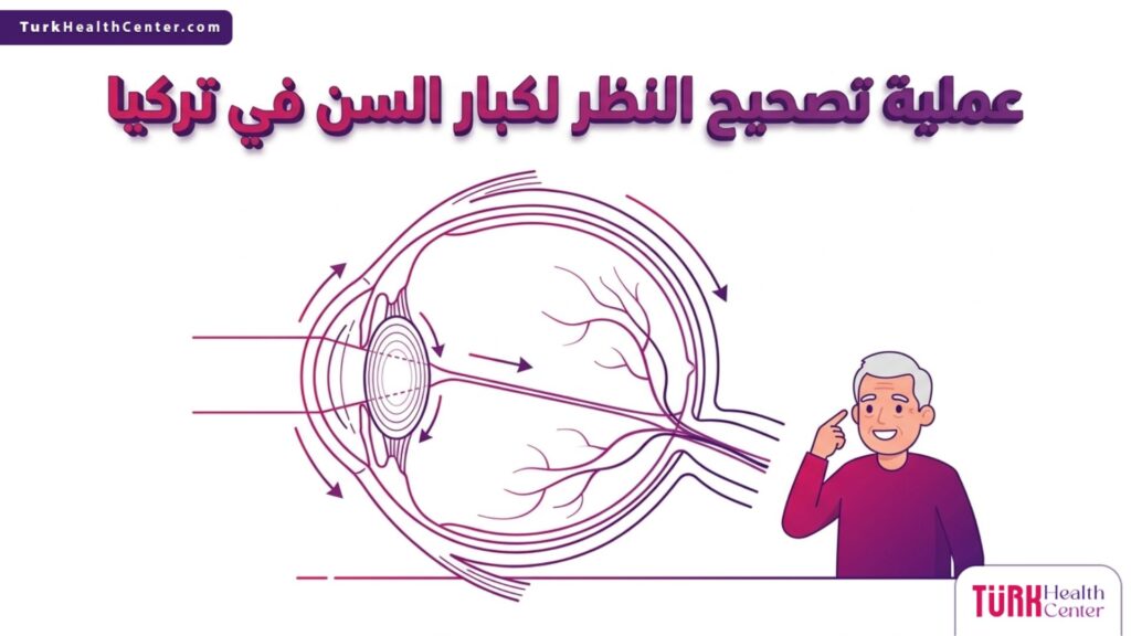 إنفوجرافيك طبي دقيق يوضح التشريح الداخلي للعين والتقنيات المستخدمة في عملية تصحيح النظر لكبار السن في تركيا.