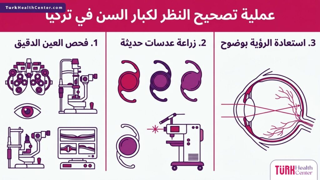 تصميم إنفوجرافيك يوضح ثلاث خطوات أساسية لنجاح عملية تصحيح النظر لكبار السن في تركيا.