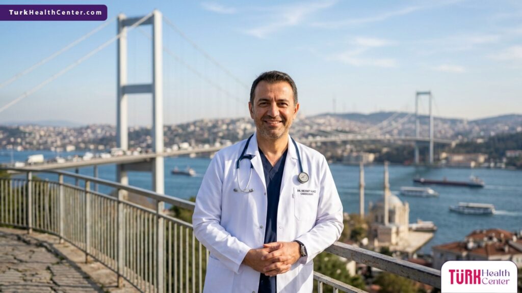 طبيب عيون متخصص يقف بثقة أمام جسر البوسفور في إسطنبول، ليمثل الخبرة الطبية الفائقة التي تميز عملية تصحيح النظر لكبار السن في تركيا.