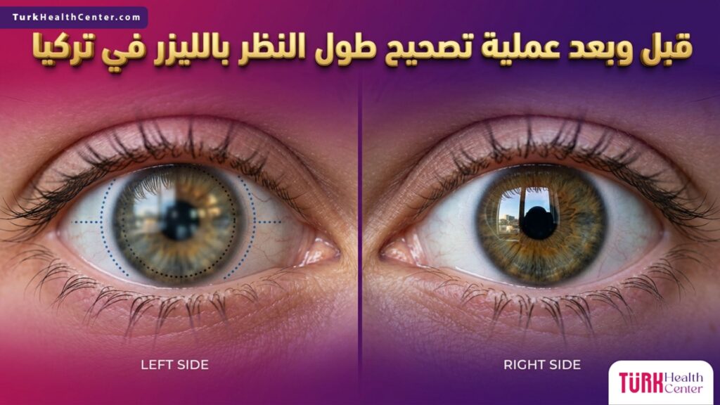 صورة مقسمة تظهر العين قبل وبعد عملية تصحيح طول النظر بالليزر في تركيا مع توضيح الفارق في وضوح الرؤية.
