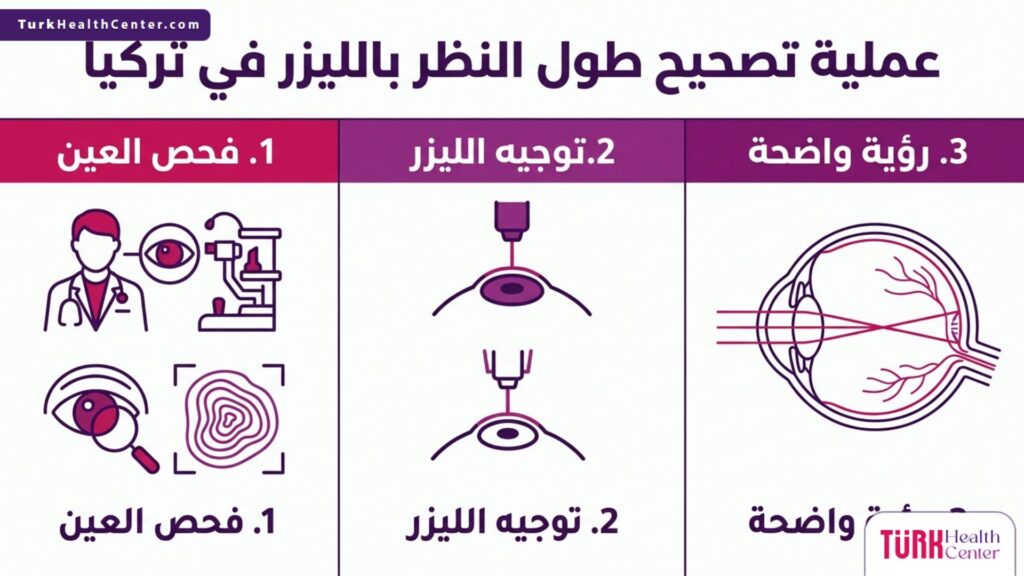 إنفوجرافيك طبي يشرح خطوات عملية تصحيح طول النظر بالليزر في تركيا من الفحص حتى استعادة الرؤية.