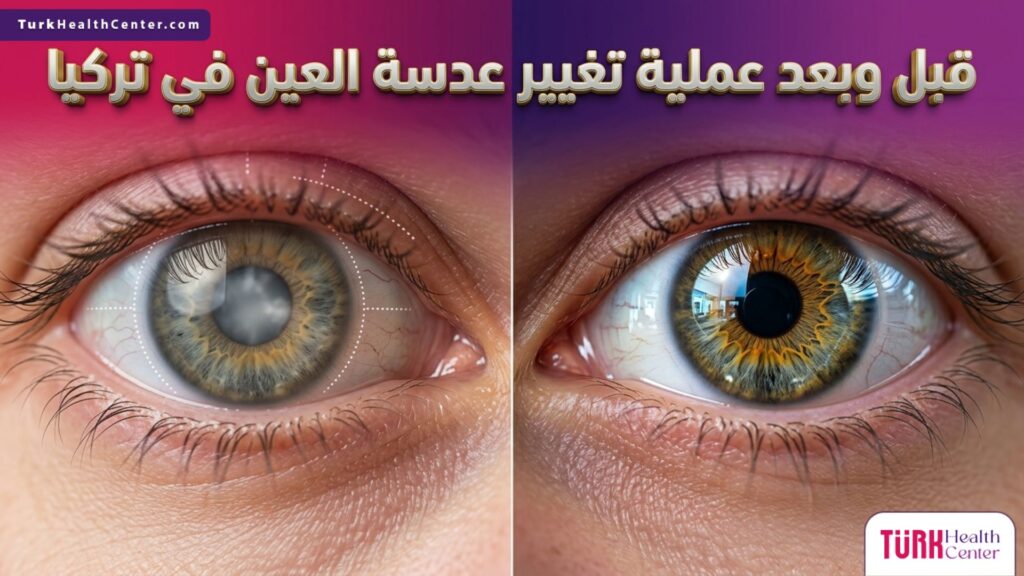 مقارنة تفصيلية دقيقة للعين قبل وبعد عملية تغيير عدسة العين في تركيا تظهر استعادة الرؤية الطبيعية الصافية.
