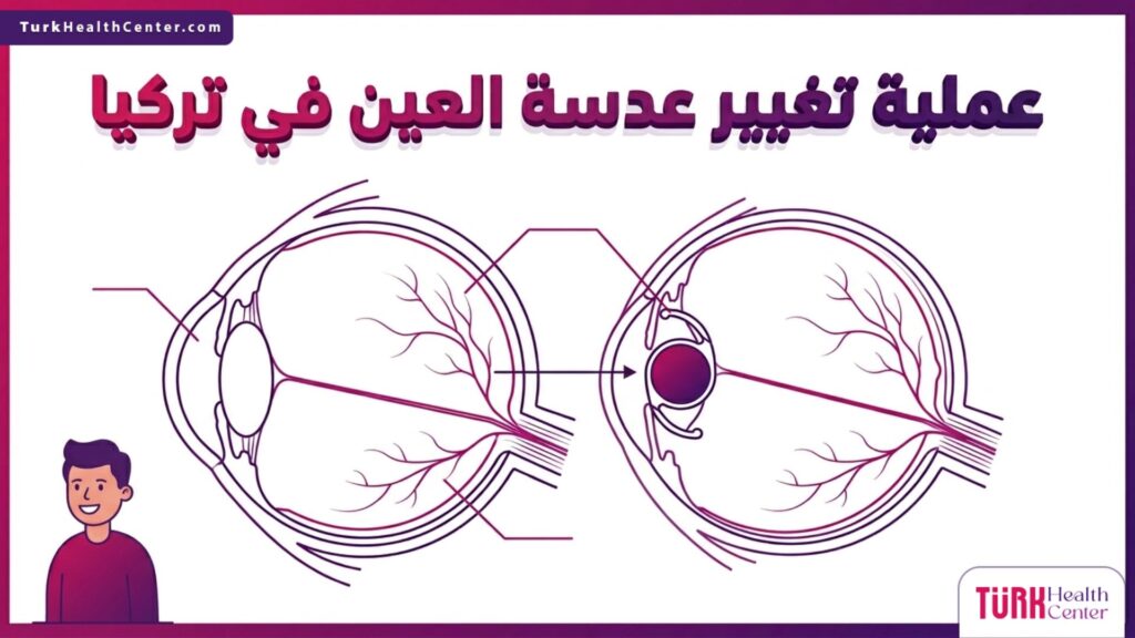 رسم تشريحي طبي يوضح آلية إزالة العدسة المعتمة وزراعة العدسة الصناعية الذكية خلال عملية تغيير عدسة العين في تركيا.