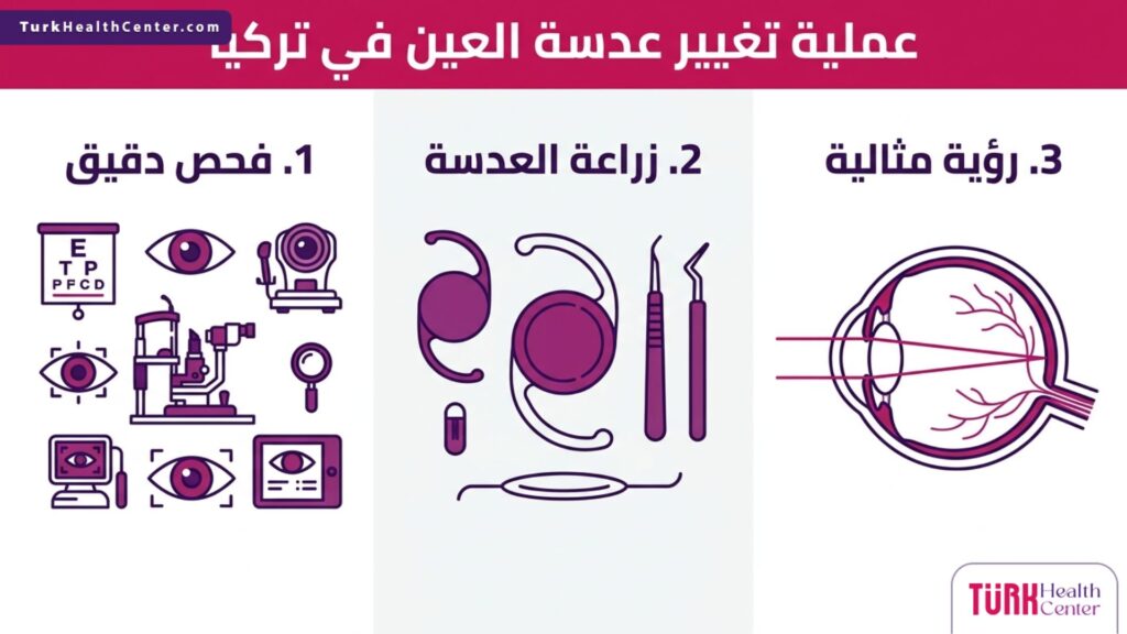 إنفوجرافيك طبي دقيق يشرح الخطوات الثلاث الأساسية لنجاح عملية تغيير عدسة العين في تركيا.