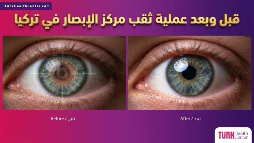 مقارنة بصرية دقيقة تظهر العين قبل وبعد إجراء عملية ثقب مركز الإبصار في تركيا مع توضيح تحسن الرؤية والشبكية.