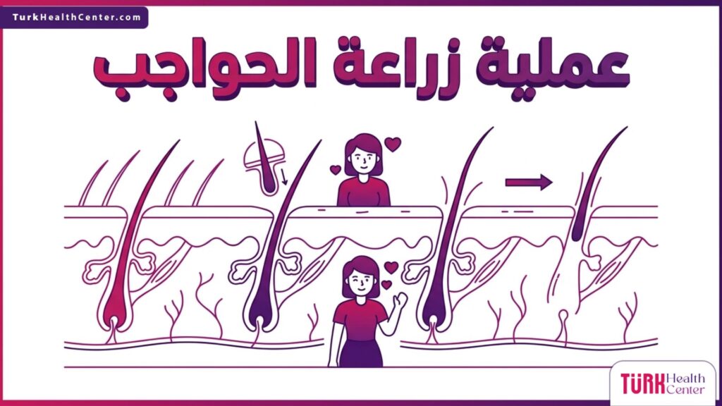 رسم تشريحي دقيق يوضح بنية الجلد وآلية زرع البصيلات خلال عملية زراعة الحواجب.
