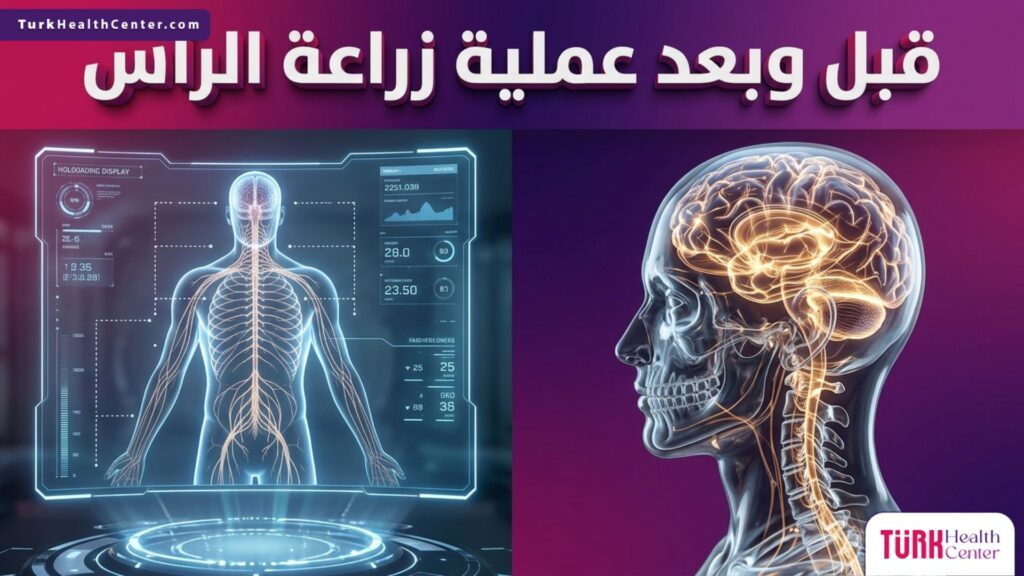 صورة مقارنة تفاعلية قبل وبعد عملية زراعة الرأس تظهر التطور المذهل في دمج المسارات العصبية باستخدام تقنيات المستقبل.