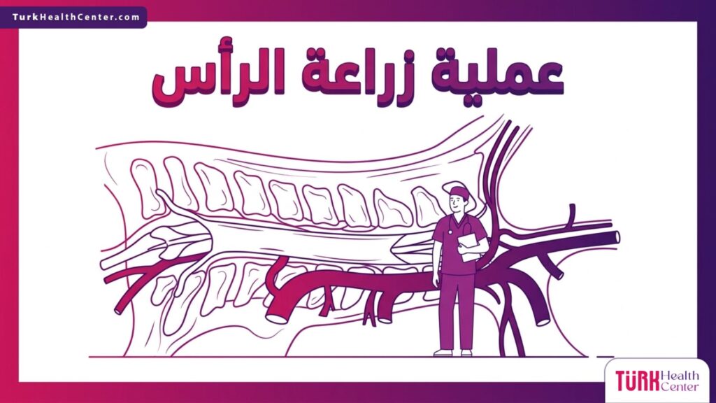 إنفوجرافيك طبي تشريحي دقيق يوضح البنية العلمية للعمود الفقري والأوعية الدموية الخاصة بـ عملية زراعة الرأس.