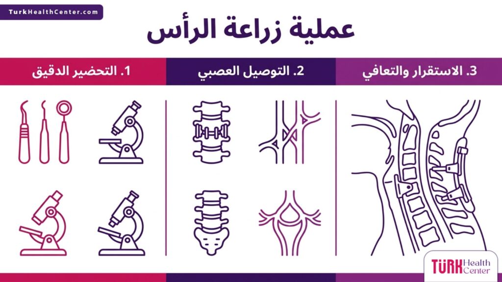 تصميم إنفوجرافيك متقدم يشرح المراحل الأساسية الثلاث لنجاح عملية زراعة الرأس بطريقة علمية مبسطة.