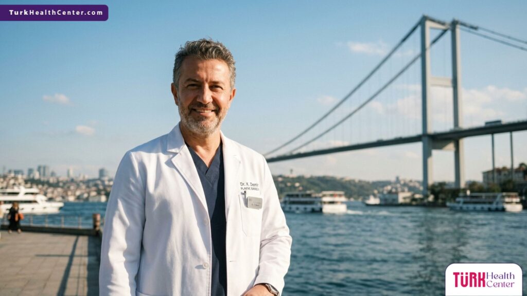 طبيب جراح خبير ومبتسم يقف بثقة أمام جسر البوسفور في إسطنبول، ليمثل الوجهة الطبية الرائدة في تركيا لـ عملية زراعة الرأس.