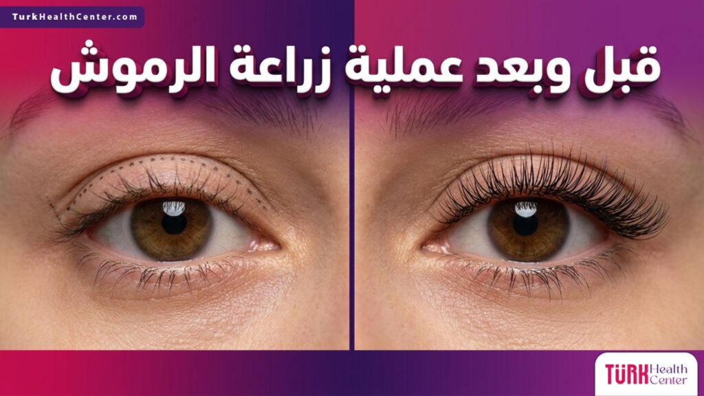 صورة مقسمة قبل وبعد تظهر التحول المذهل في كثافة وطول الشعر بعد إجراء عملية زراعة الرموش.