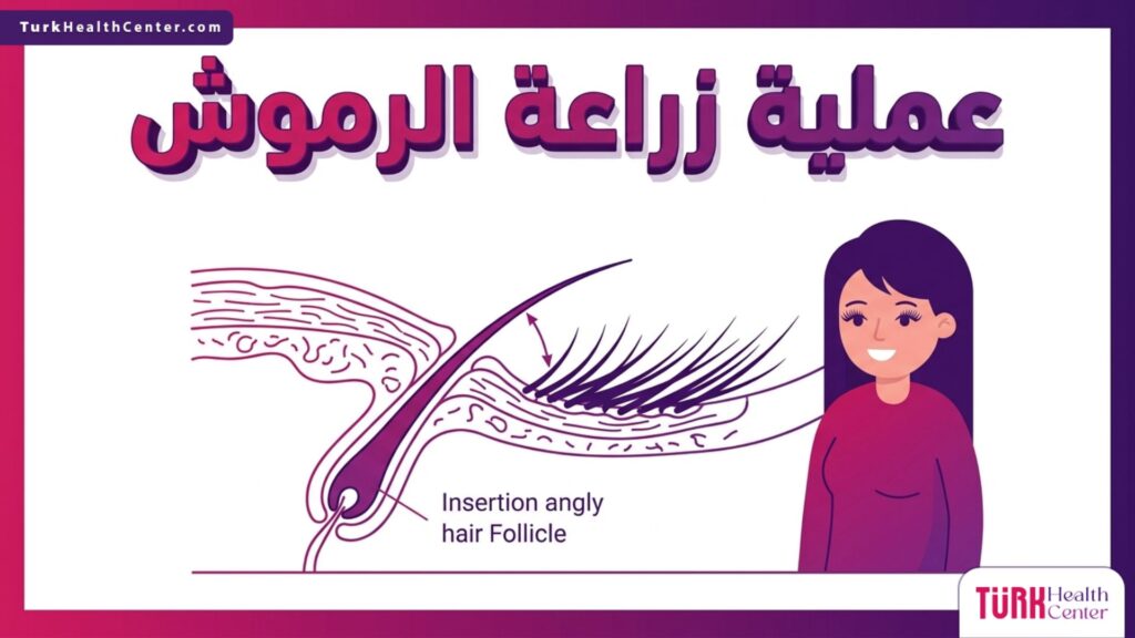 رسم تشريحي طبي يوضح بدقة كيفية غرس البصيلات وزاويتها الصحيحة خلال عملية زراعة الرموش.