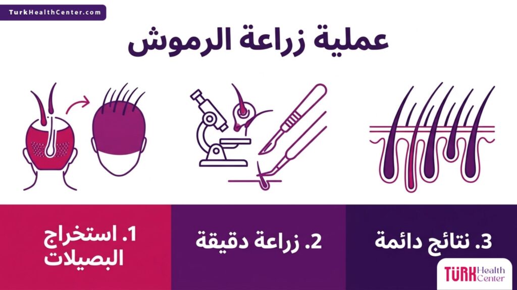 إنفوجرافيك طبي مفصل يوضح المراحل الثلاث الأساسية لنجاح عملية زراعة الرموش.