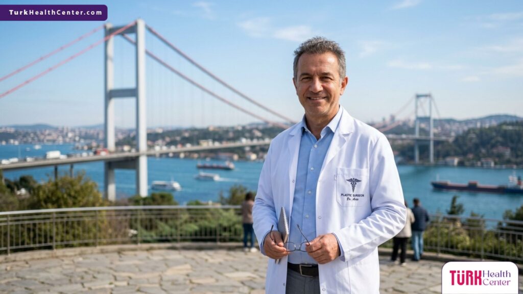 طبيب تجميل متخصص يقف بثقة أمام جسر البوسفور في إسطنبول، الوجهة الرائدة لإجراء عملية زراعة الرموش.