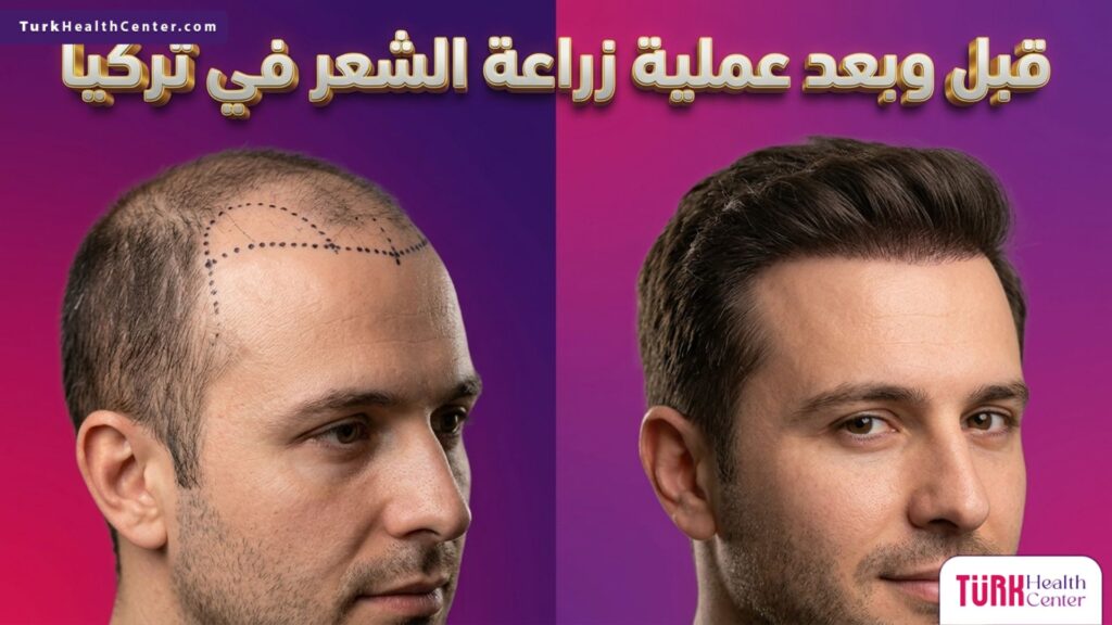 صورة مقسمة تظهر حالة المريض قبل وبعد عملية زراعة الشعر في تركيا مع توضيح خطوط التخطيط الجراحي والنتائج النهائية الكثيفة.