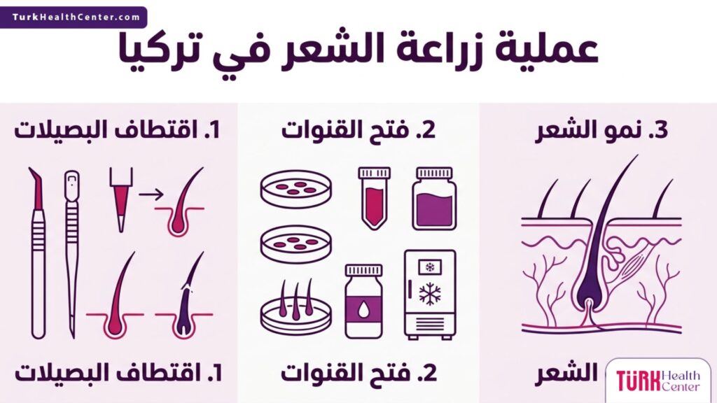 إنفوجرافيك طبي يوضح الخطوات الثلاث الأساسية لنجاح عملية زراعة الشعر في تركيا.