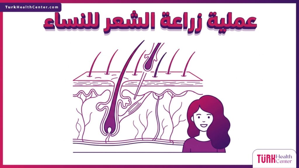 إنفوجرافيك طبي دقيق يوضح التركيب التشريحي لبصيلات الشعر خلال عملية زراعة الشعر للنساء.