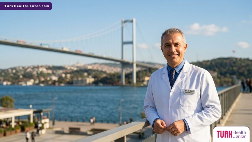 طبيب متخصص يقف بثقة أمام جسر البوسفور في إسطنبول، الوجهة الرائدة لإجراء عملية زراعة الشعر للنساء.