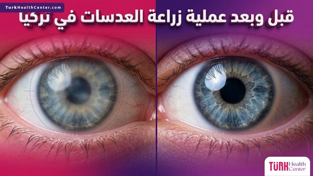 مقارنة قبل وبعد عملية زراعة العدسات في تركيا تظهر تحسن وضوح الرؤية وانعكاس الضوء على العين
