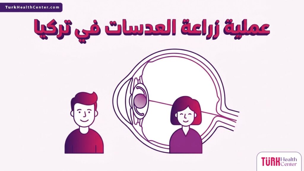 رسم توضيحي علمي دقيق يوضح التشريح الداخلي للعين وموقع العدسة الاصطناعية في عملية زراعة العدسات في تركيا