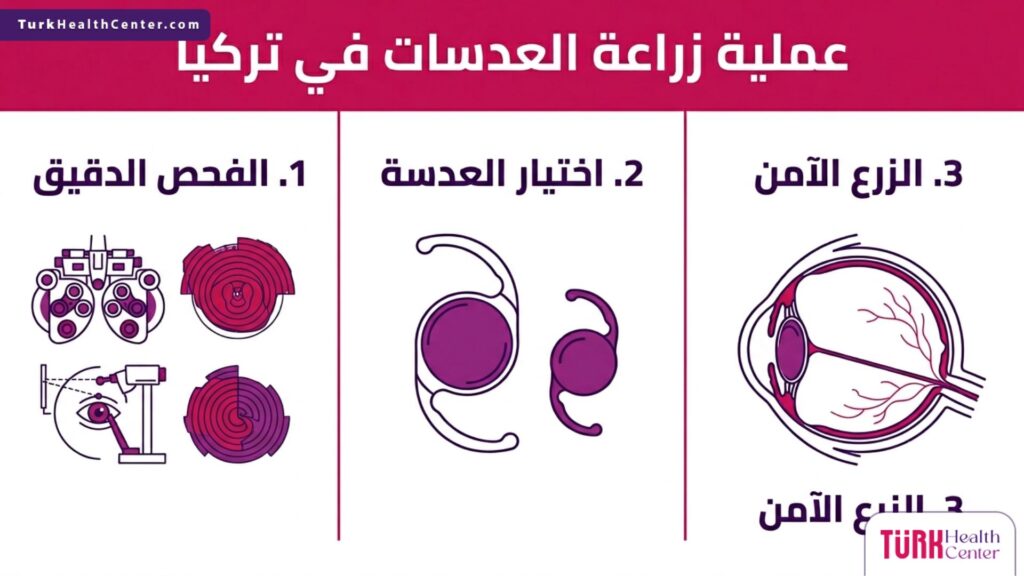 إنفوجرافيك طبي يوضح الخطوات الثلاث الأساسية لنجاح عملية زراعة العدسات في تركيا من الفحص حتى الزرع