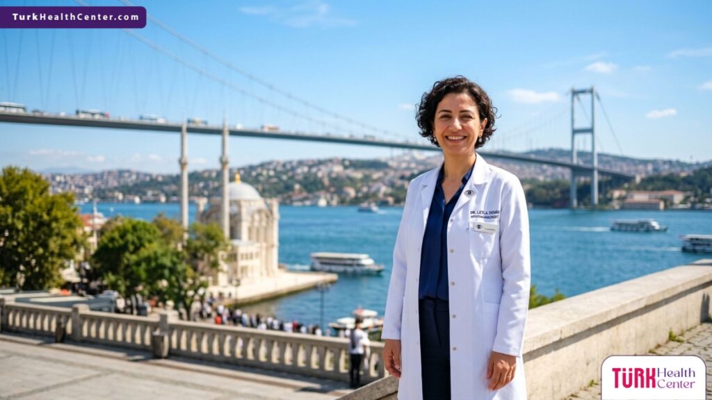 طبيب عيون خبير يقف بثقة أمام جسر البوسفور في اسطنبول كرمز للتميز الطبي في عملية زراعة العدسات في تركيا