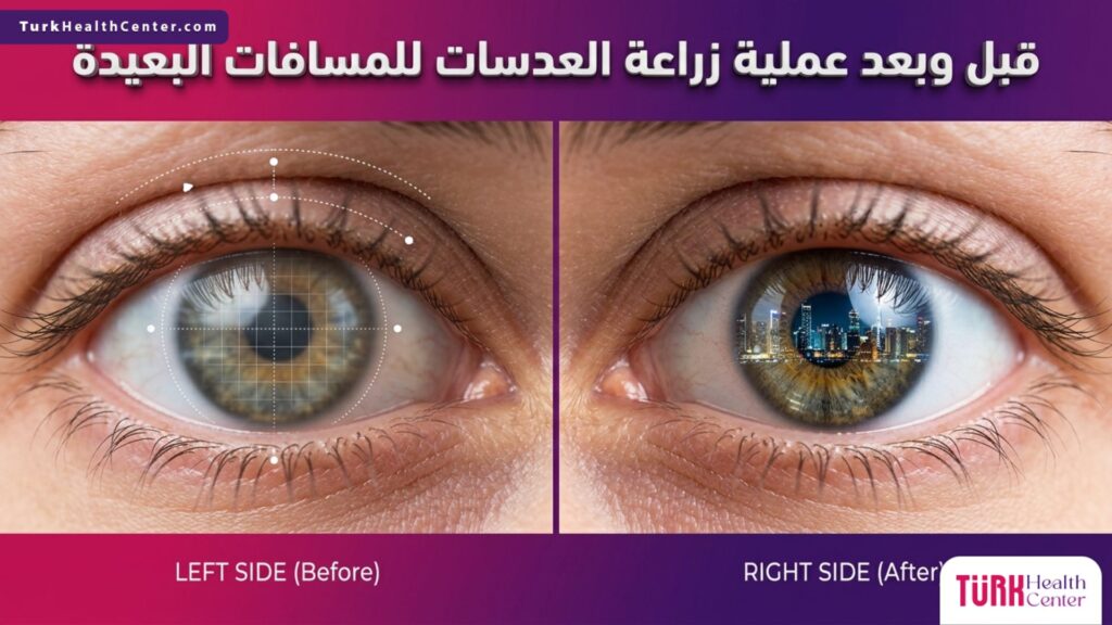 مقارنة قبل وبعد توضح تحسن الرؤية بعد إجراء عملية زراعة العدسات للمسافات البعيدة بدقة عالية.