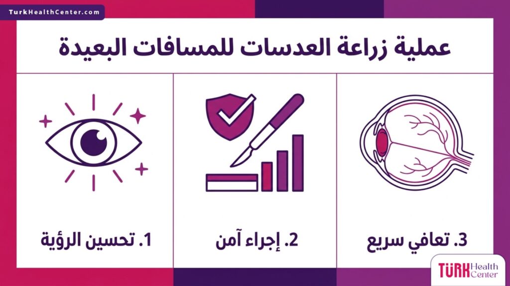 إنفوجرافيك طبي تفصيلي يبرز أهم فوائد وخطوات عملية زراعة العدسات للمسافات البعيدة.