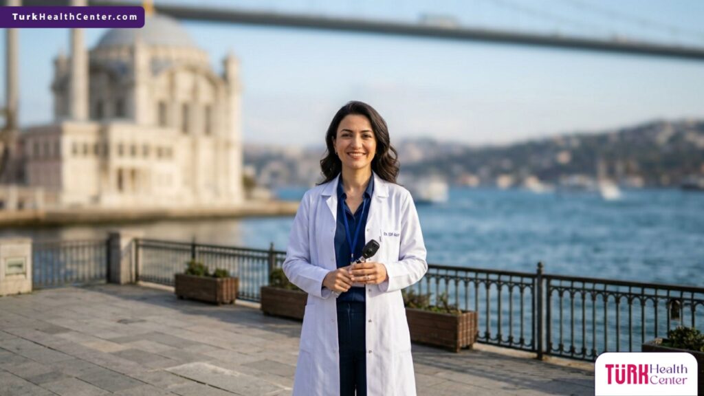 طبيب عيون خبير يقف أمام جسر البوسفور في إسطنبول، الوجهة الرائدة لإجراء عملية زراعة العدسات للمسافات البعيدة.