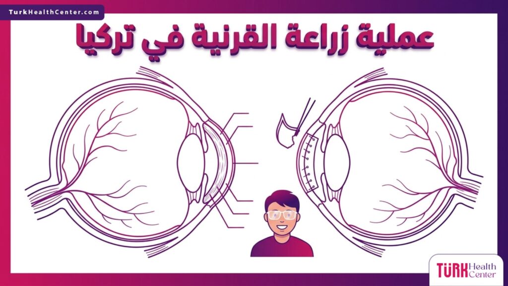إنفوجرافيك طبي دقيق يوضح التشريح الداخلي للعين والطبقات المستهدفة في عملية زراعة القرنية في تركيا.