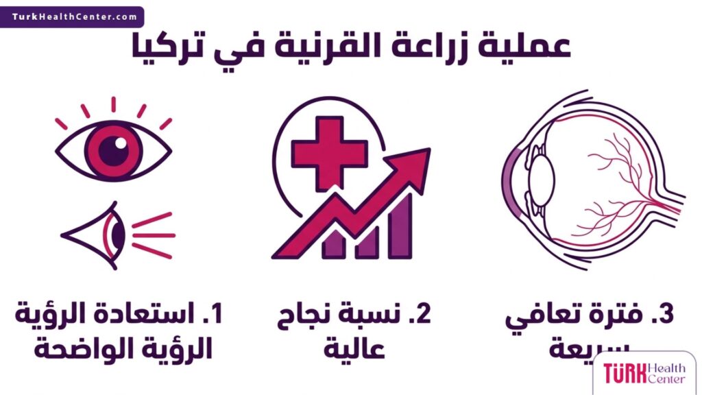 تصميم إنفوجرافيك يشرح أهم ثلاث فوائد ومميزات لإجراء عملية زراعة القرنية في تركيا.