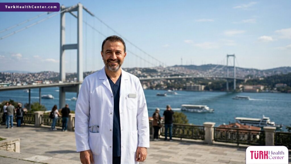 طبيب عيون متخصص يقف بثقة أمام جسر البوسفور، ليمثل السياحة العلاجية المتقدمة ونجاح عملية زراعة القرنية في تركيا.