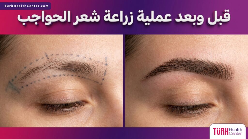 صورة قبل وبعد عملية زراعة شعر الحواجب توضح كثافة الشعر والتصميم الطبيعي