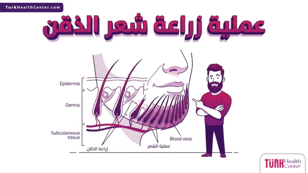 إنفوجرافيك طبي تشريحي دقيق يوضح كيفية زراعة البصيلات وزوايا نموها تحت الجلد خلال عملية زراعة شعر الذقن.
