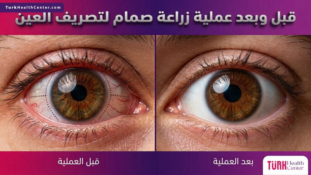 مقارنة قبل وبعد لعين تعاني من الجلوكوما وعين متعافية تماماً بفضل عملية زراعة صمام لتصريف ضغط العين.