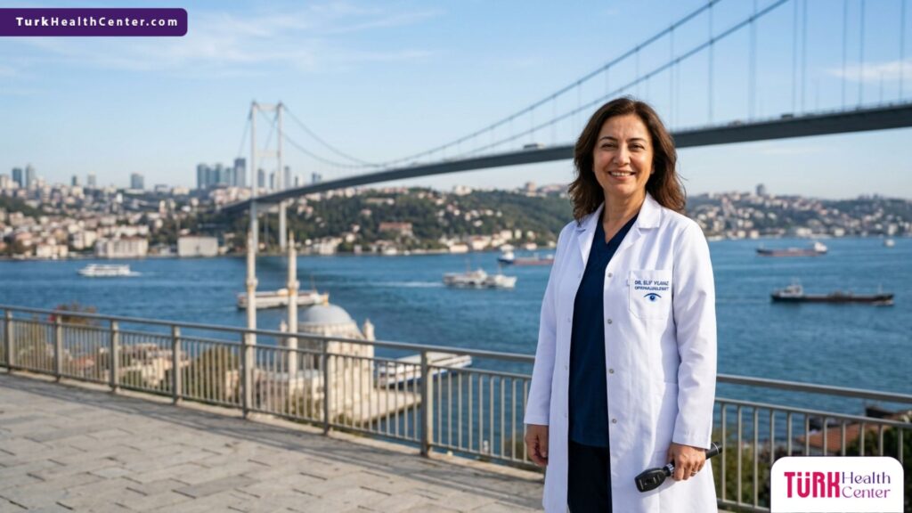 طبيب عيون خبير يقف بثقة أمام جسر البوسفور في إسطنبول، تركيا، لتقديم أفضل رعاية في عملية زراعة صمام لتصريف ضغط العين.