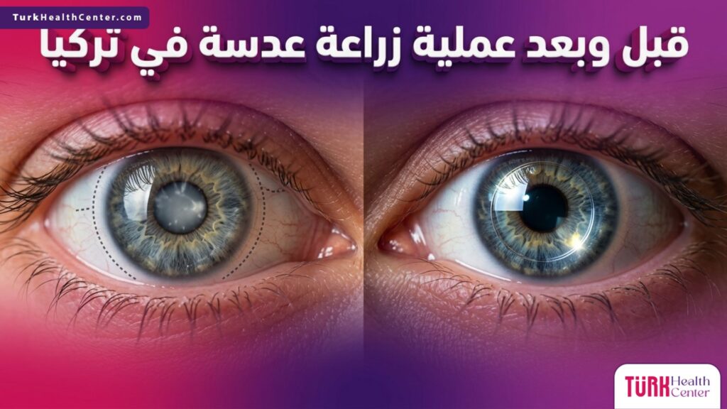 صورة مقسمة توضح شكل العين قبل وبعد إجراء عملية زراعة عدسة في تركيا للتخلص من المياه البيضاء.