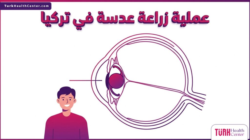 إنفوجرافيك تشريحي دقيق يوضح التركيب الداخلي للعين وخطوات عملية زراعة عدسة في تركيا.