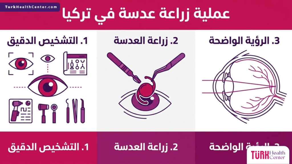 ملصق إنفوجرافيك يوضح المراحل الثلاث الأساسية لنجاح عملية زراعة عدسة في تركيا.