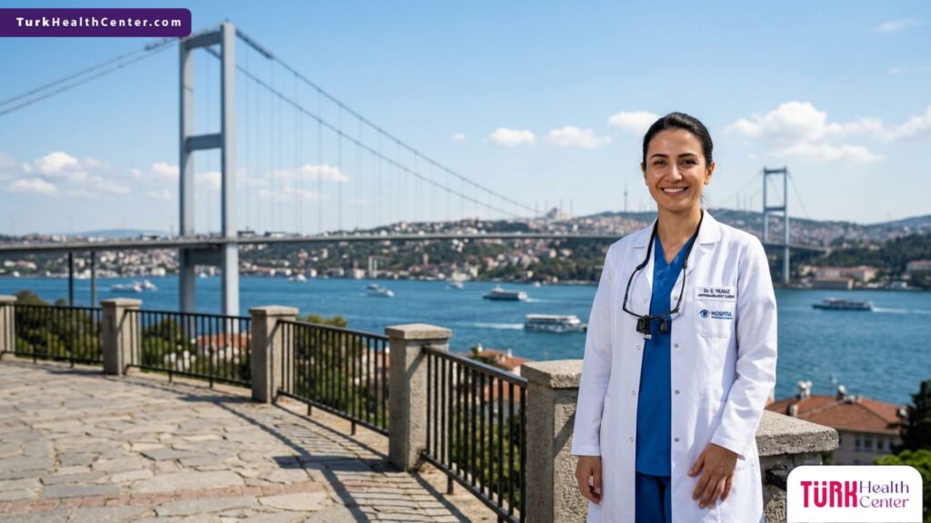 طبيب عيون خبير يقف أمام جسر البوسفور في اسطنبول، لتمثيل الجودة الطبية في عملية زراعة عدسة في تركيا.