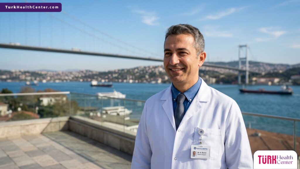 طبيب تجميل متخصص يقف بثقة أمام جسر البوسفور في إسطنبول، الوجهة الرائدة لإجراء عملية زرع الرموش.