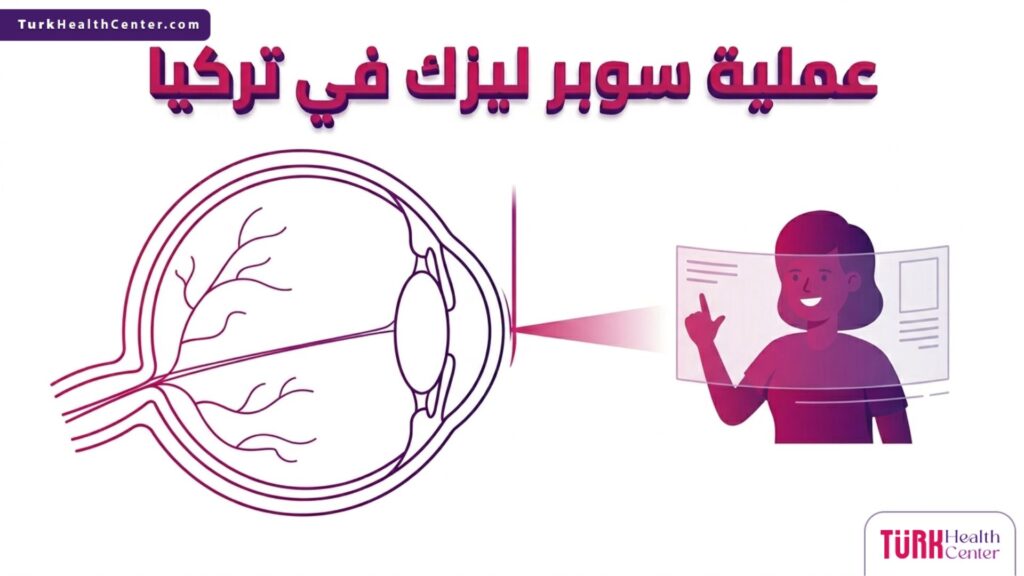 رسم بياني طبي يوضح التشريح الداخلي للعين وكيفية إعادة تشكيل القرنية بالليزر خلال عملية سوبر ليزك في تركيا