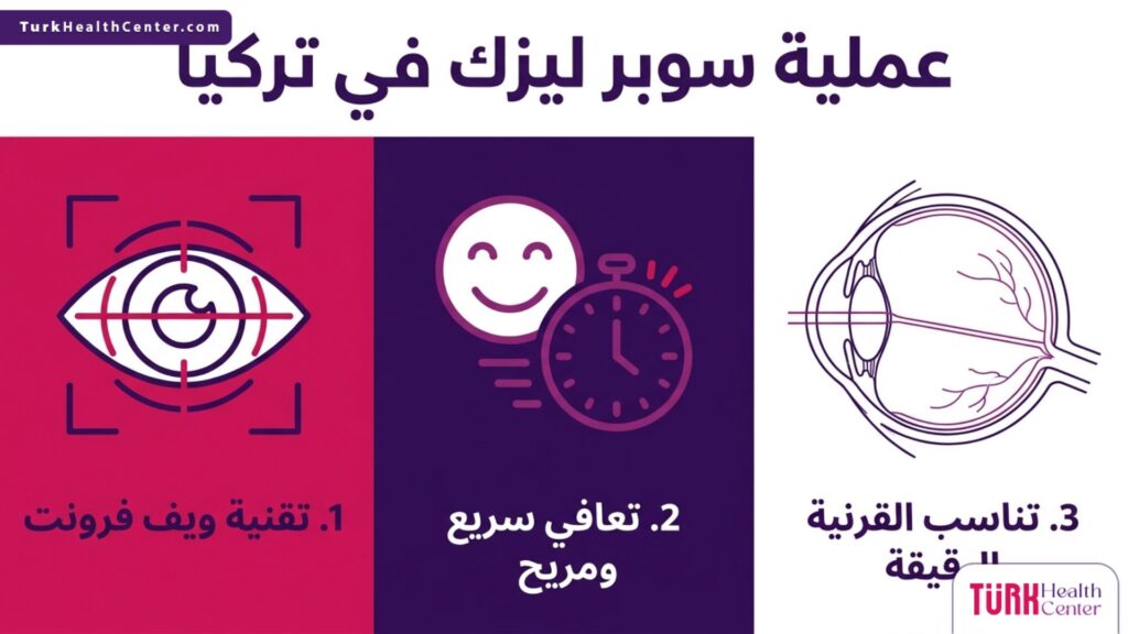 إنفوجرافيك طبي يوضح أهم ثلاث ميزات وتفاصيل عن عملية سوبر ليزك في تركيا