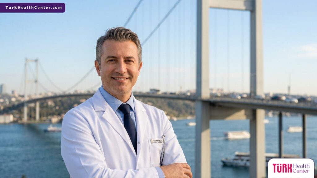طبيب عيون محترف يقف بثقة أمام جسر البوسفور في إسطنبول، ممثلاً السياحة العلاجية لإجراء عملية سوبر ليزك في تركيا