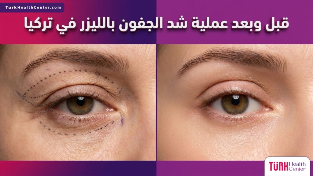 مقارنة قبل وبعد تظهر نتائج عملية شد الجفون بالليزر في تركيا والتخلص من الترهلات.