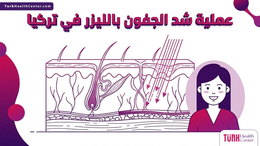 إنفوجرافيك طبي دقيق يوضح آلية عمل الليزر على طبقات الجلد أثناء عملية شد الجفون بالليزر في تركيا.