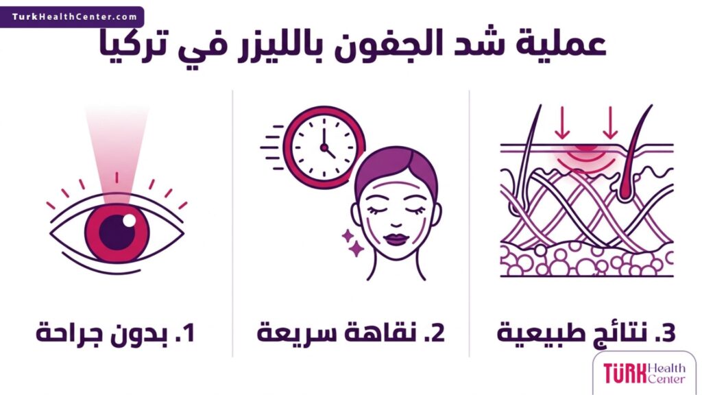 إنفوجرافيك يعرض أهم ثلاث مميزات حول عملية شد الجفون بالليزر في تركيا بدون جراحة ونتائج طبيعية.