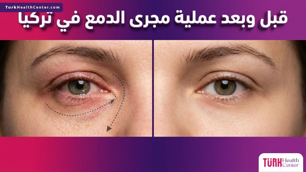 مقارنة دقيقة قبل وبعد لنتائج عملية مجرى الدمع في تركيا تظهر التحسن الواضح واختفاء التدميع المستمر في منطقة العين.