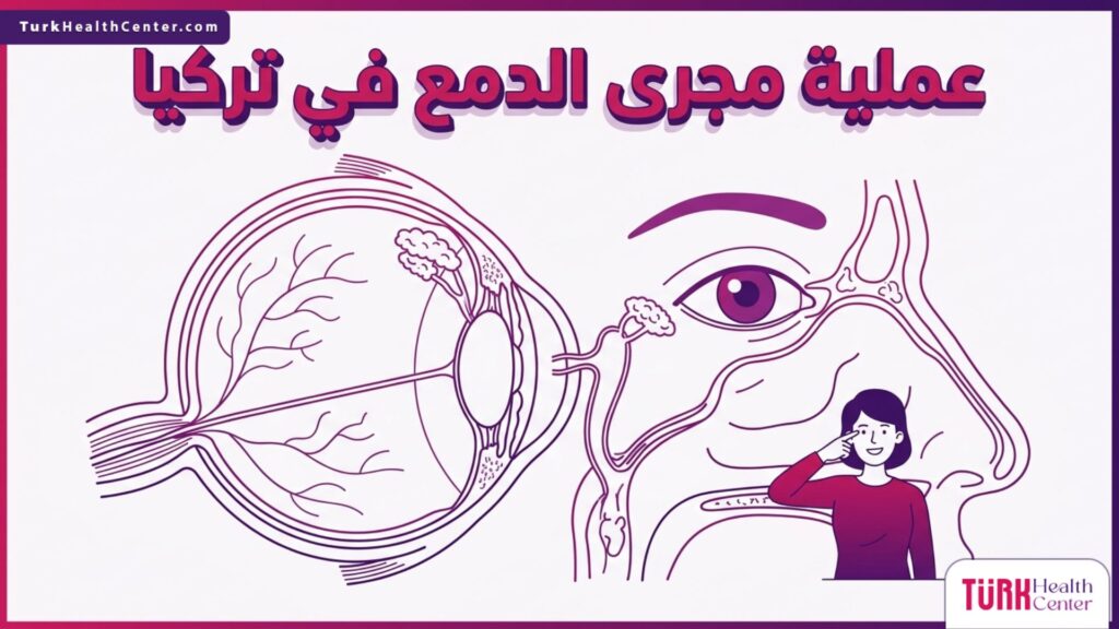 رسم إنفوجرافيك تشريحي دقيق يوضح مسار القناة الدمعية وكيفية إجراء عملية مجرى الدمع في تركيا لفتح الانسداد.